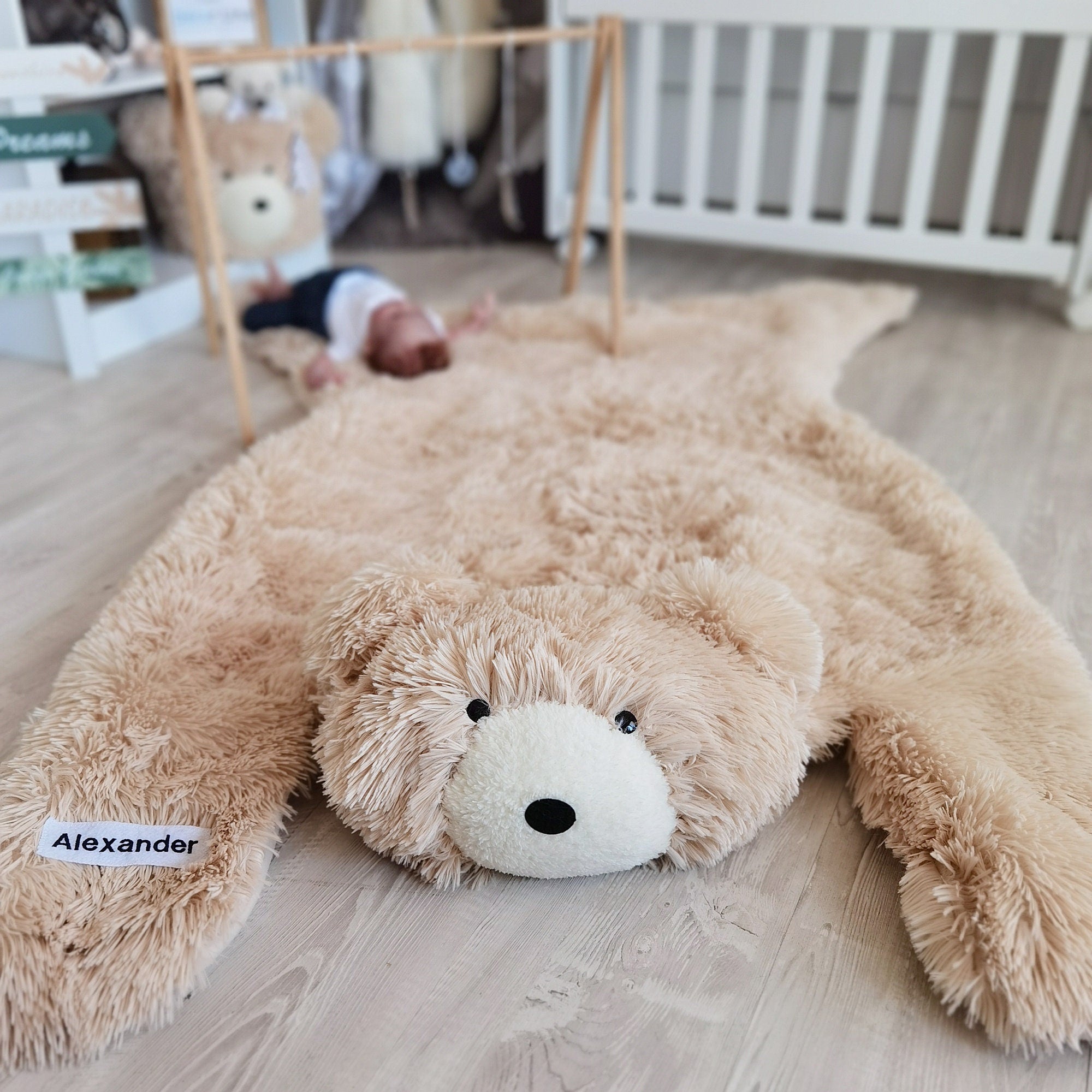 Handmade Beige Faux Fur Bear Rug: Woodland Nursery Decor